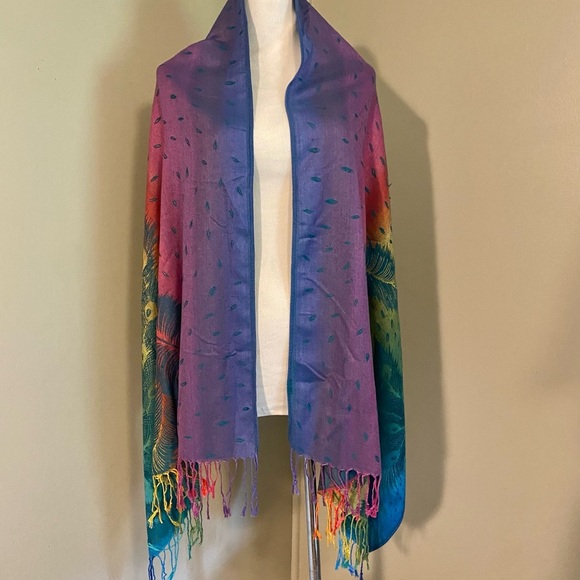 Colorful Pashmina Peacock Feather Print Scarf With Tassels - Picture 1 of 4